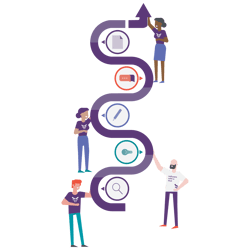 Illustration of 4 team members following a product vision for success