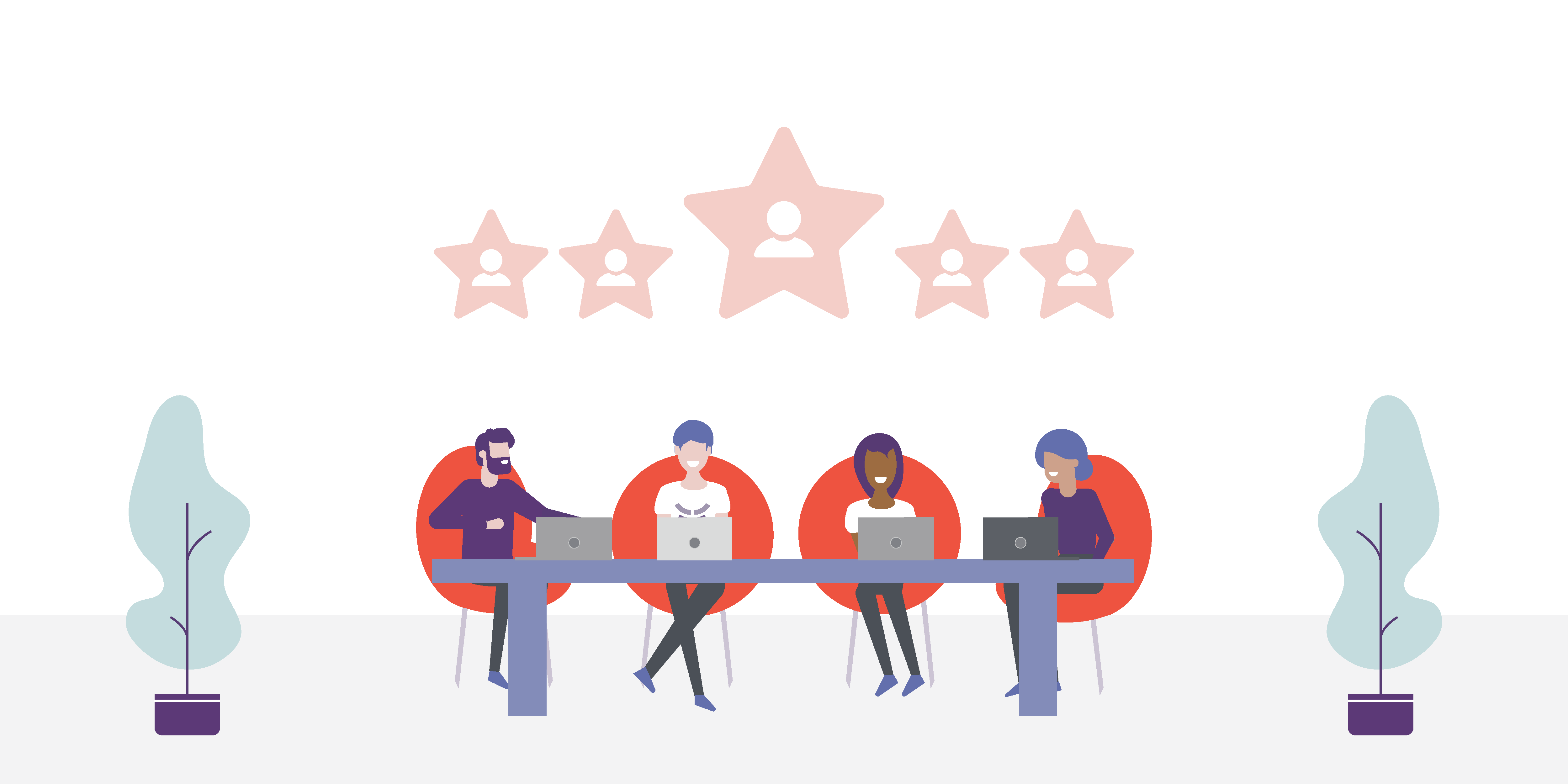 Illustration of four people working at one table at their computers