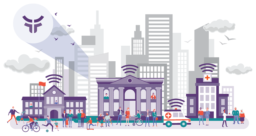 An illustration of a city skyline with a Fearless "batman" signal
