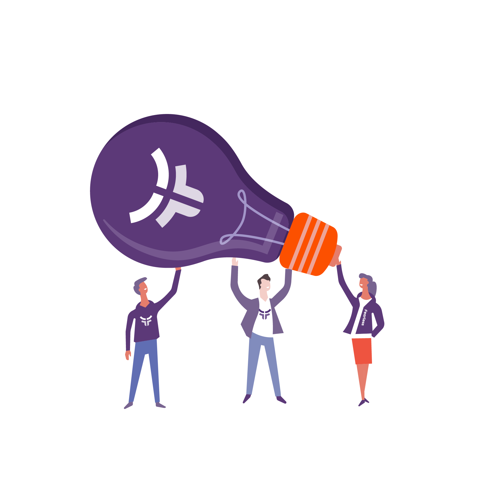 Illustration of 3 people holding up an oversized purple lightbulb
